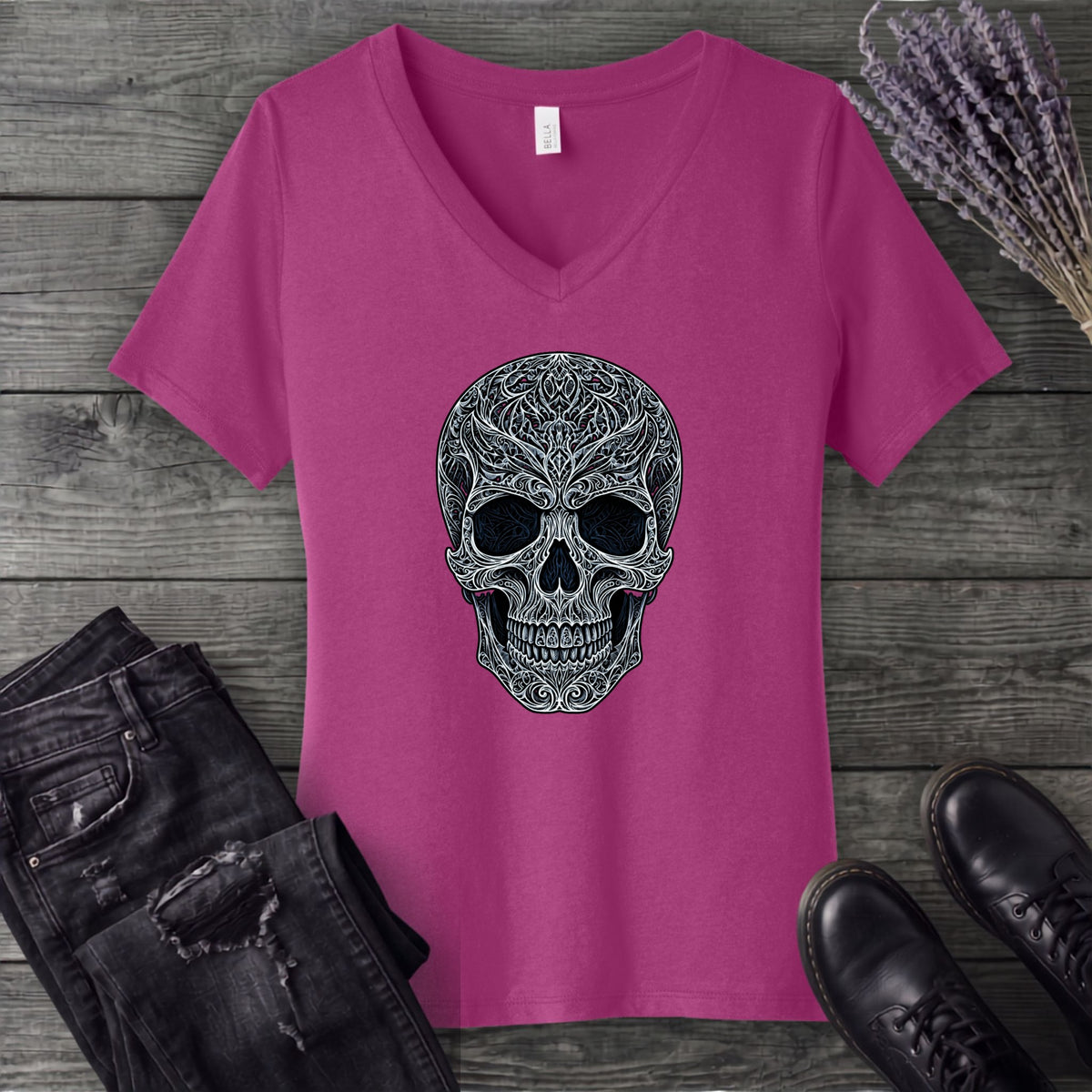 Filigree Skull V-Neck T-Shirt