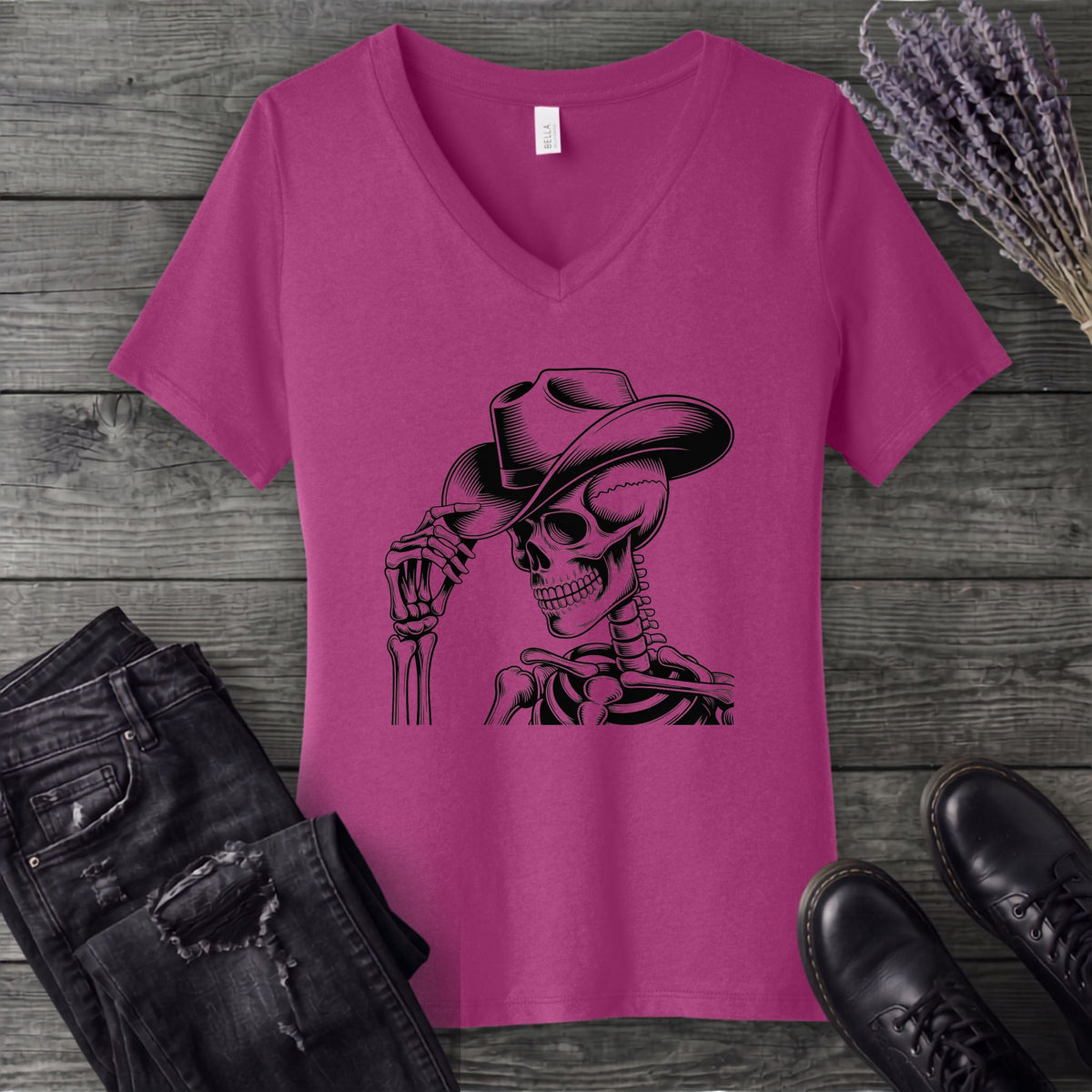 Cowboy Hat Skeleton V-Neck T-Shirt