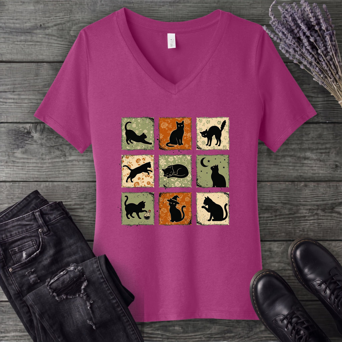 Cat Grid V-Neck T-Shirt