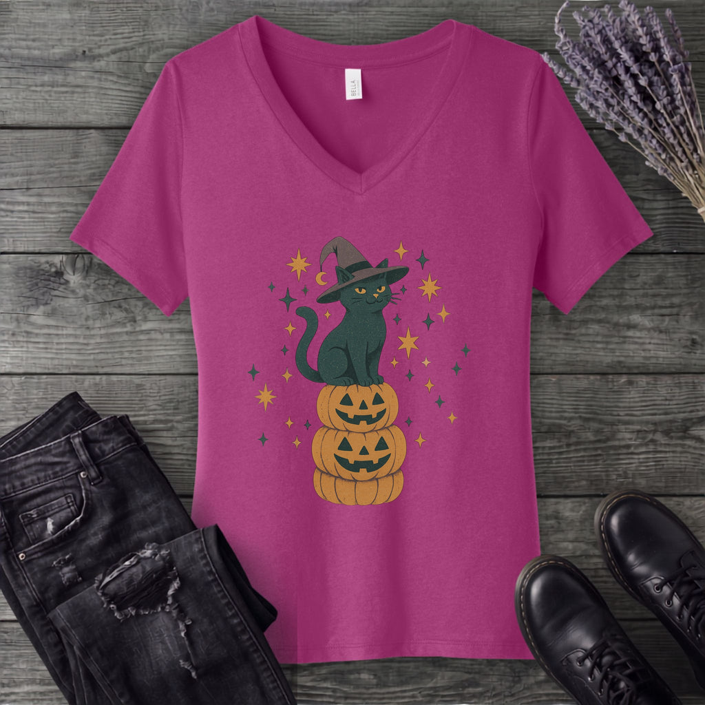 Stacked Cat and Pumpkins V-Neck T-Shirt