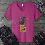 Stacked Cat and Pumpkins V-Neck T-Shirt