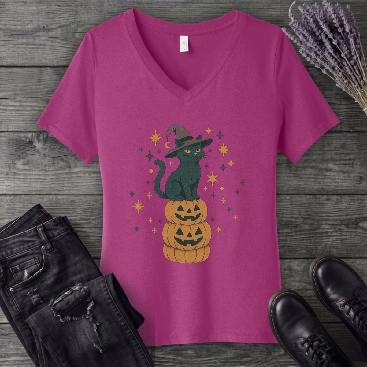 Stacked Cat and Pumpkins V-Neck T-Shirt