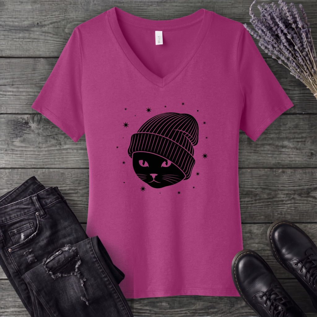 black_cat_beanie V-Neck T-Shirt
