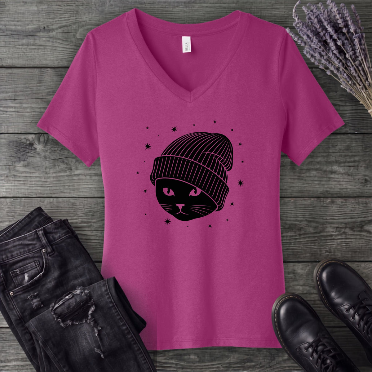 black_cat_beanie V-Neck T-Shirt