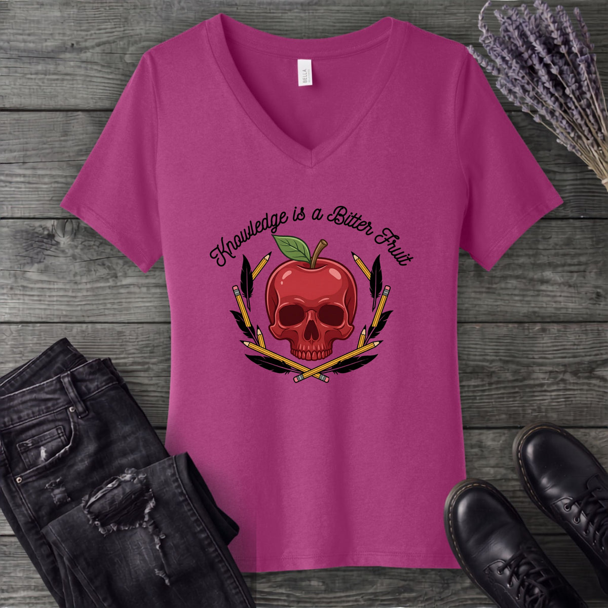 knowledge is a bitter fruit apple skull V-Neck T-Shirt