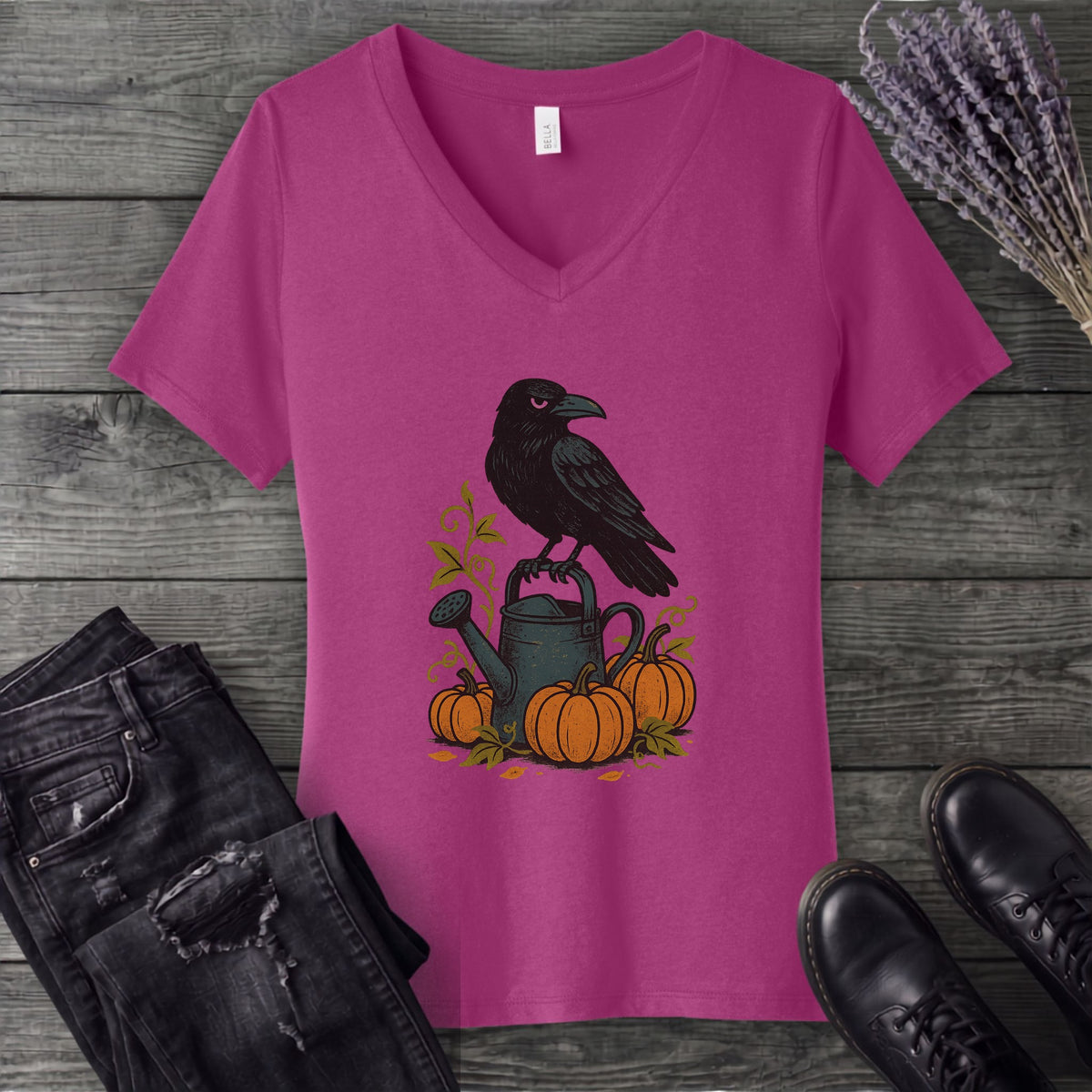 Raven Pumpkin Patch V-Neck T-Shirt