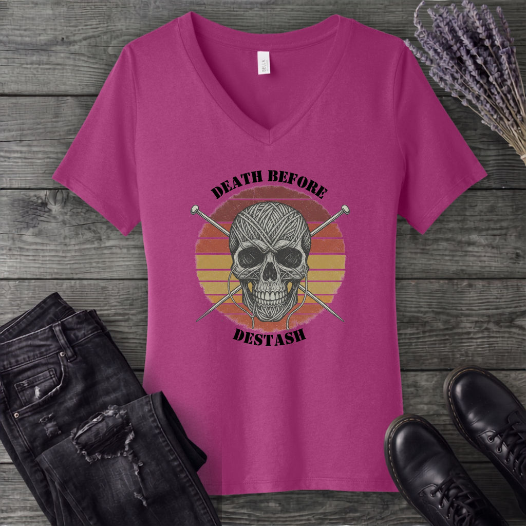 Death Before Destash Yarn Skull V-Neck T-Shirt