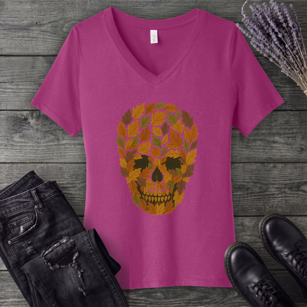 autumn leaves skull V-Neck T-Shirt