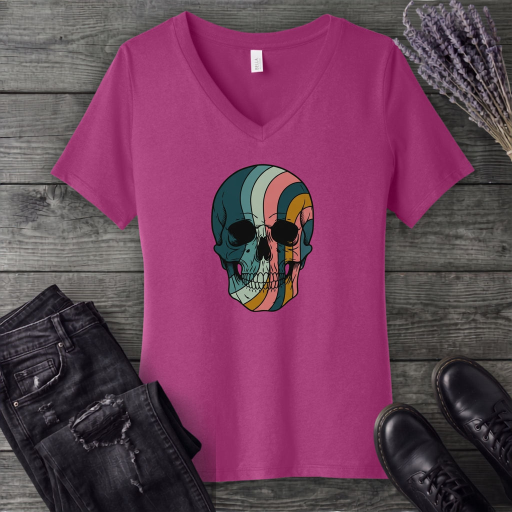 Psychedelic Striped Skull V-Neck T-Shirt