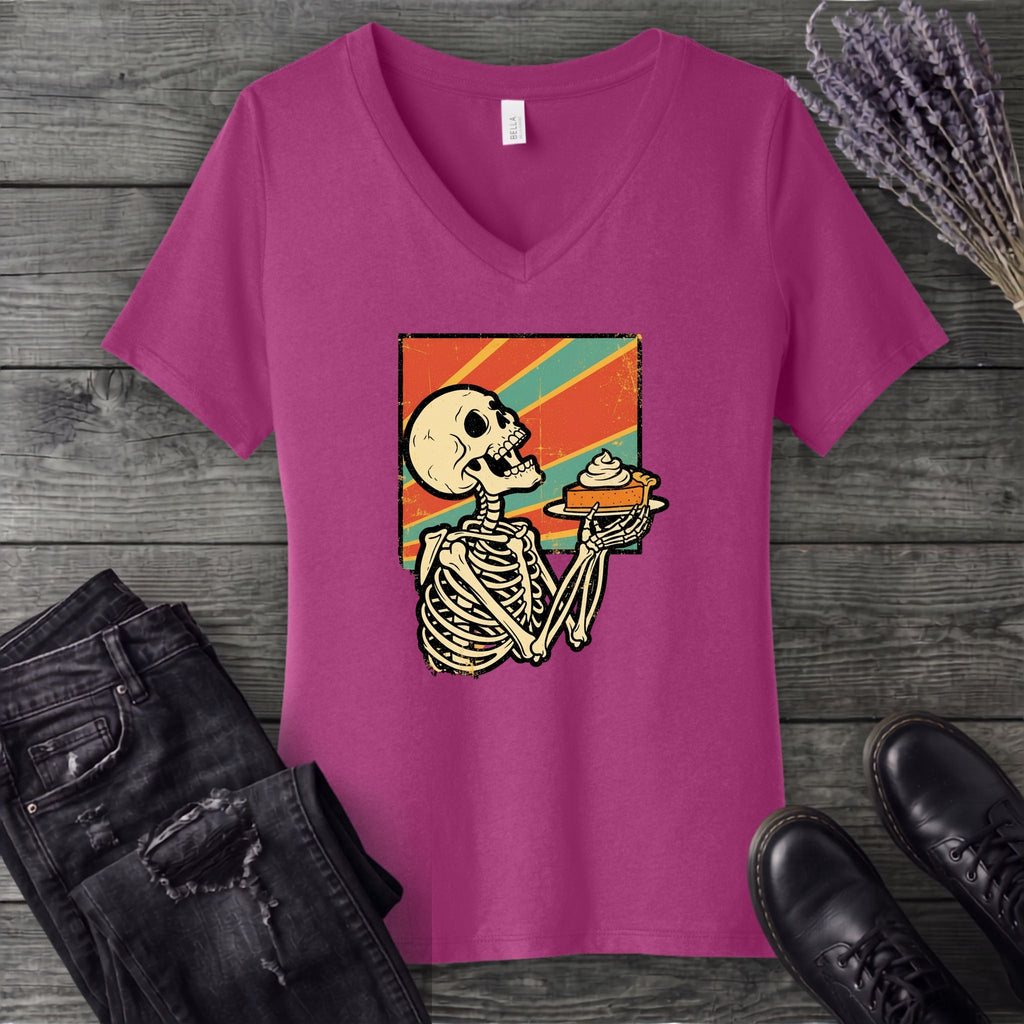 Skeleton Pumpkin Pie Grunge V-Neck T-Shirt