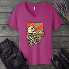 Skeleton Pumpkin Pie Grunge V-Neck T-Shirt