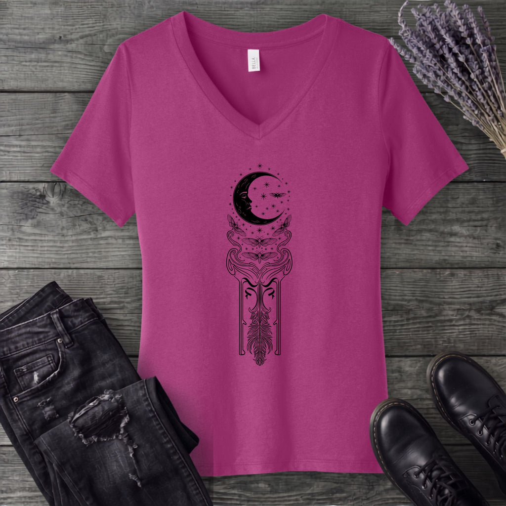 Art Nouveau Crescent Moths V-Neck T-Shirt