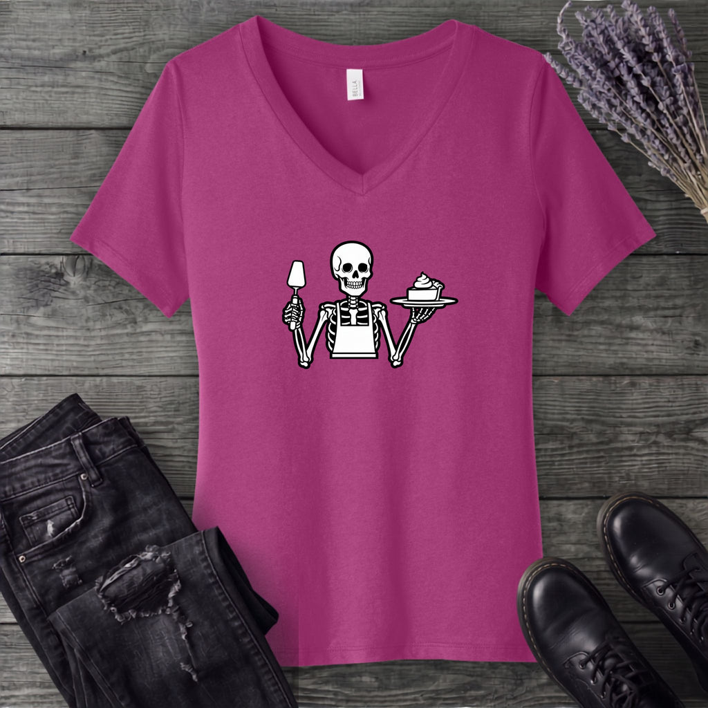 Skeleton Serving Pie V-Neck T-Shirt