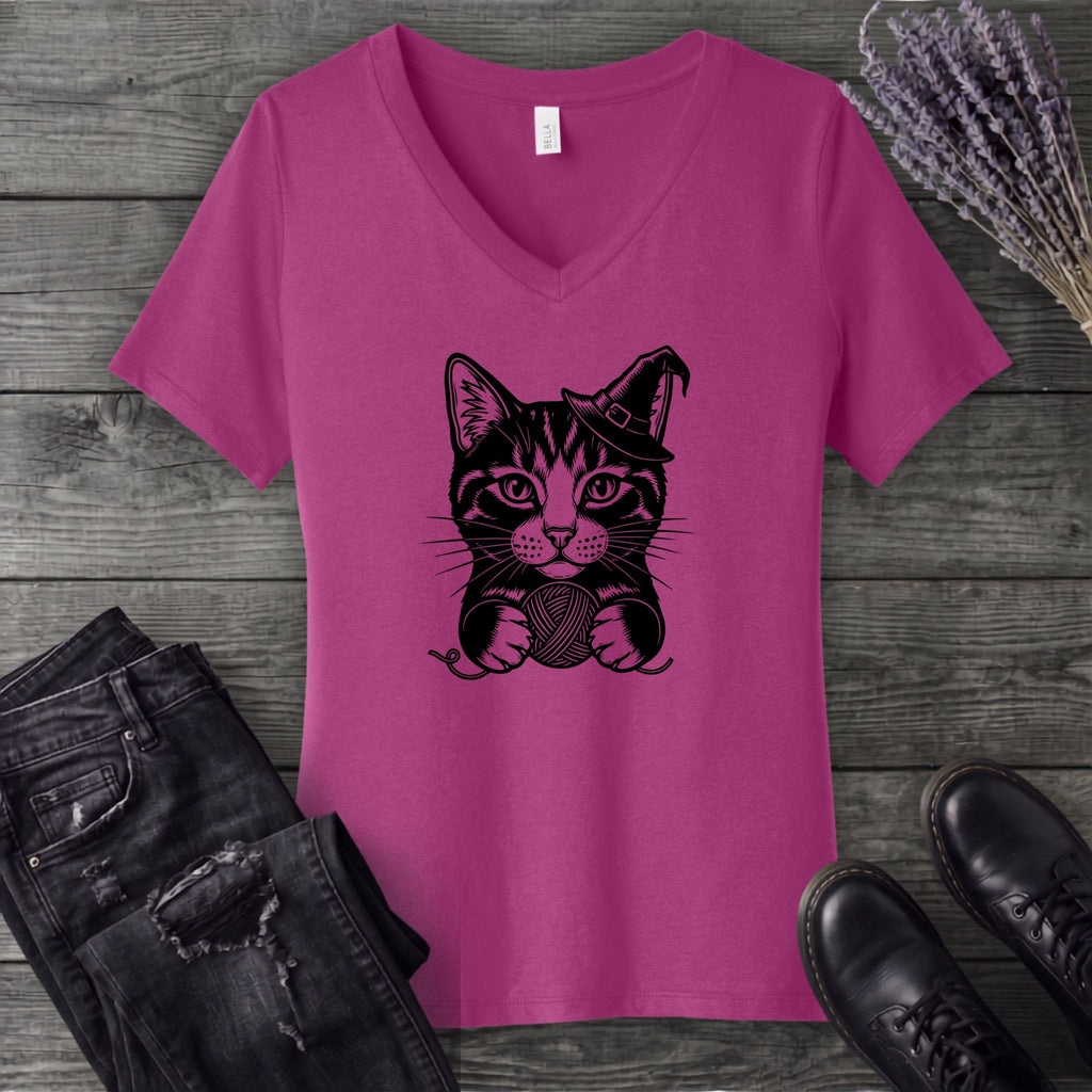 Witchy Yarn Cat V-Neck T-Shirt