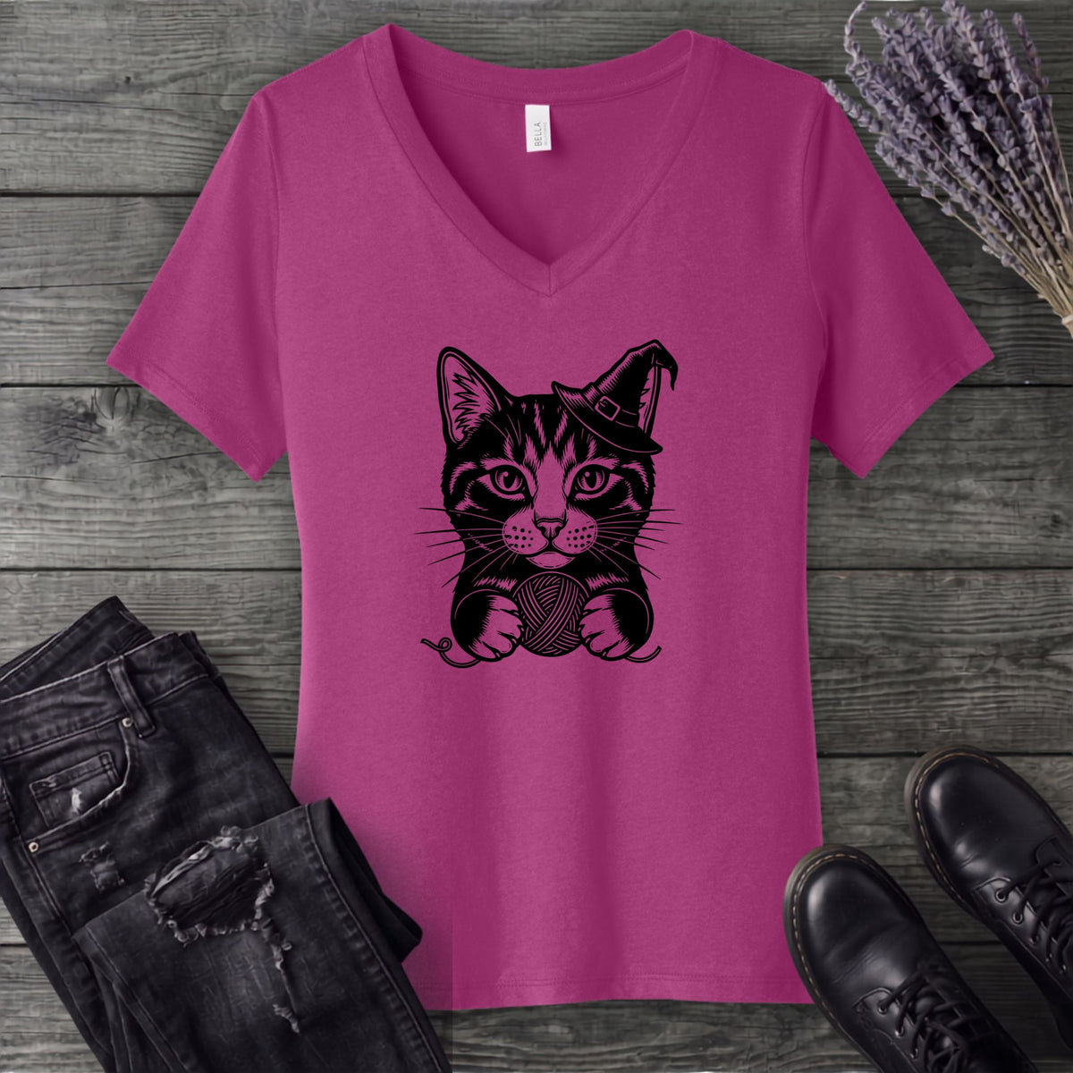 Witchy Yarn Cat V-Neck T-Shirt