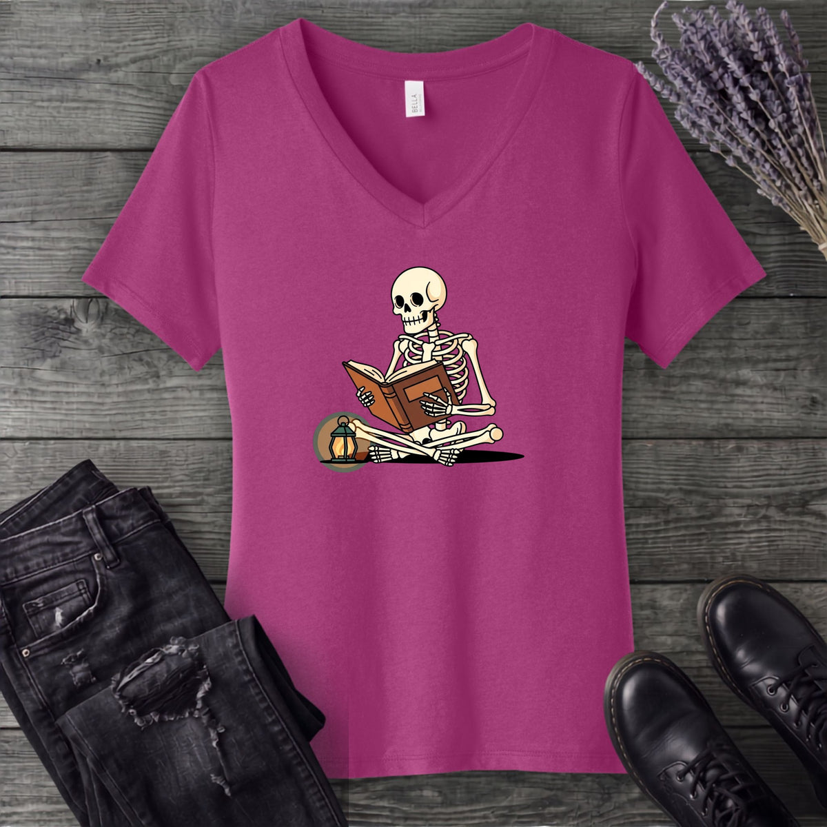 Skeleton Reading V-Neck T-Shirt