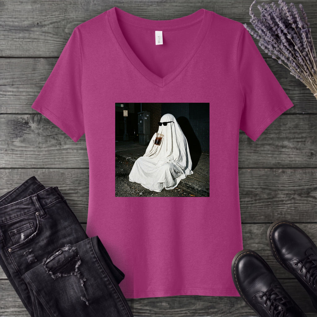 sheet ghost iced coffee curb meme V-Neck T-Shirt