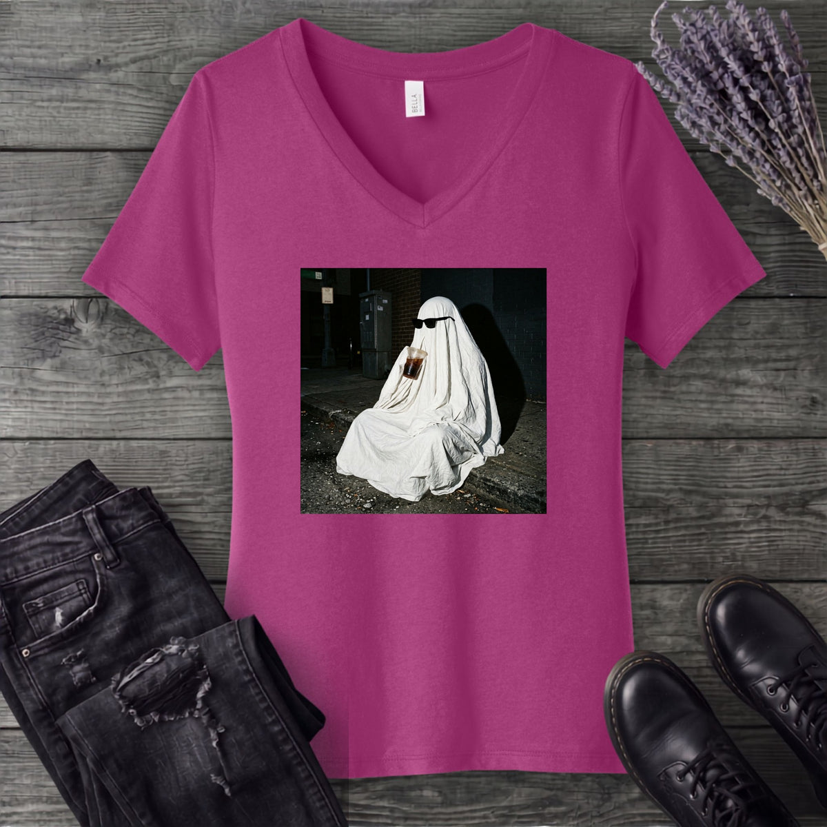 sheet ghost iced coffee curb meme V-Neck T-Shirt