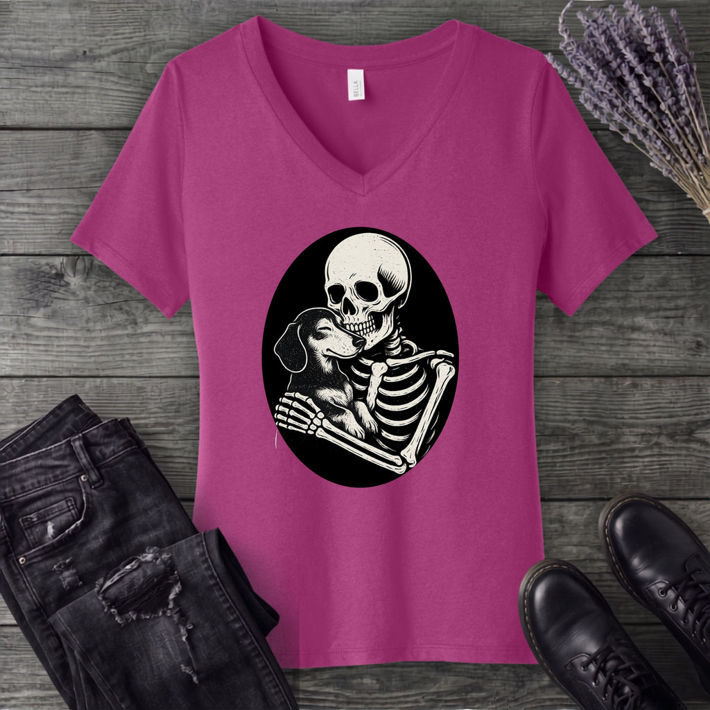 Skeleton Dachshund Hug V-Neck T-Shirt