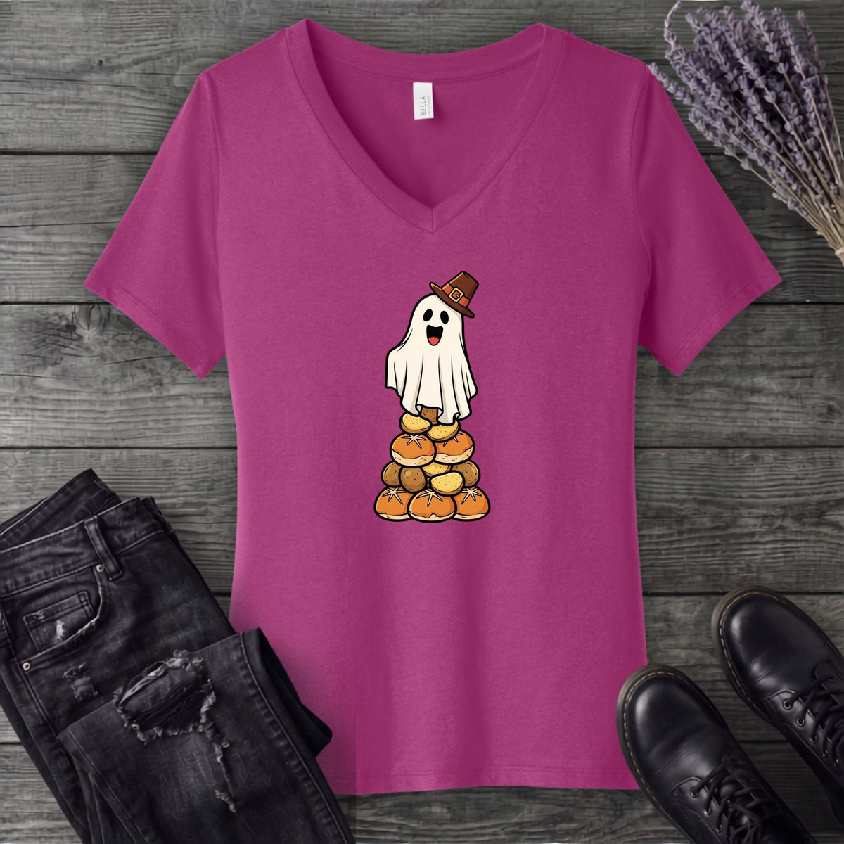 Stacked Bread Pilgrim Ghost V-Neck T-Shirt