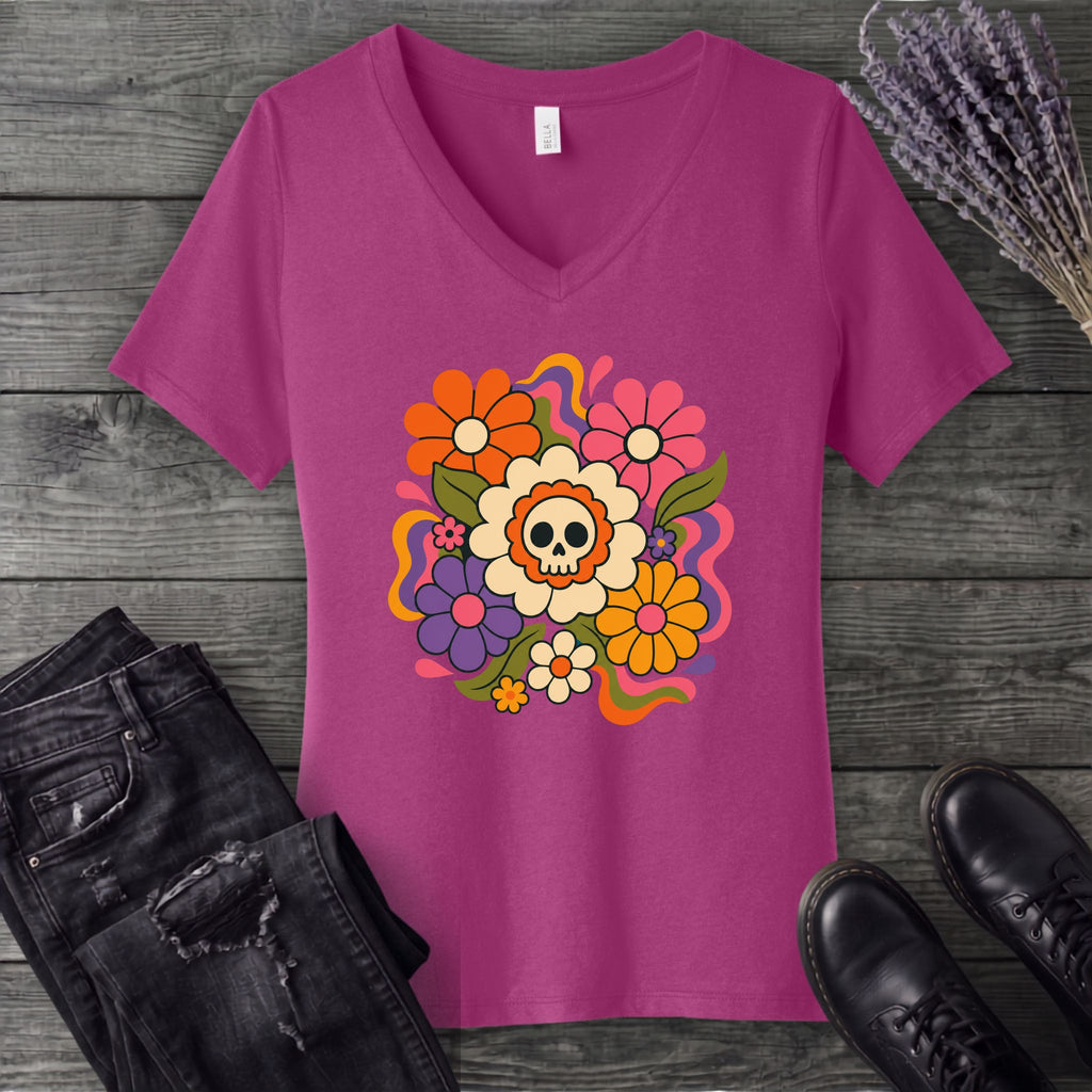 skull daisies V-Neck T-Shirt