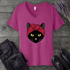 Black Cat Headband V-Neck T-Shirt