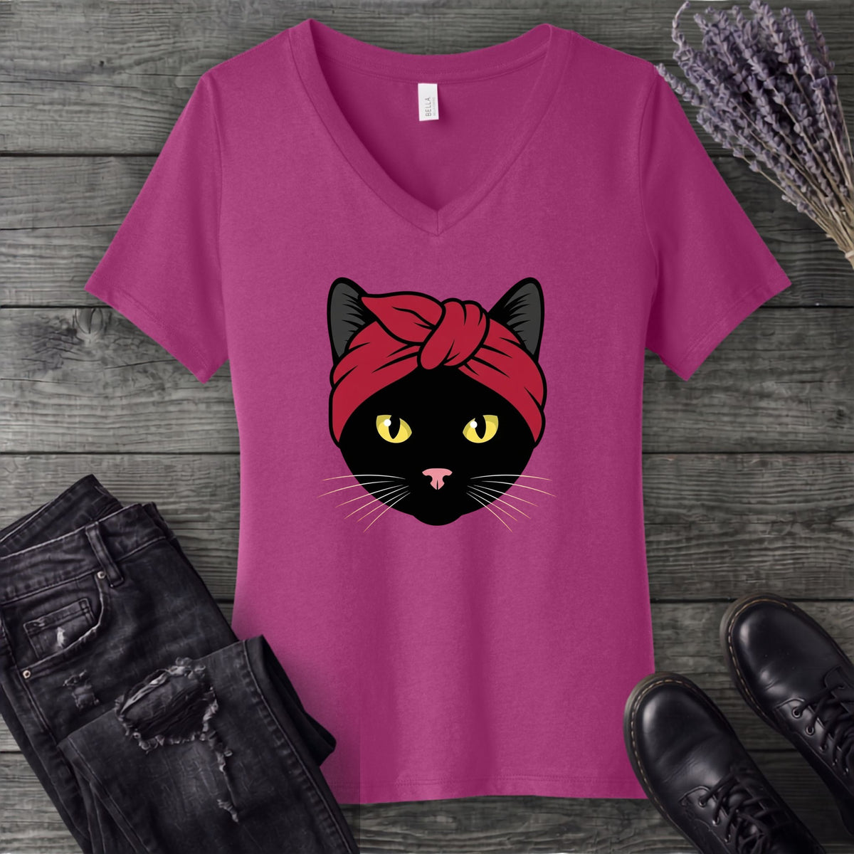 Black Cat Headband V-Neck T-Shirt