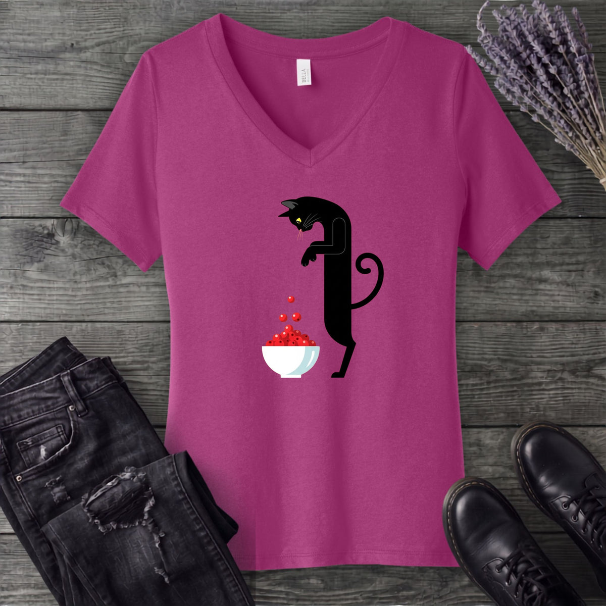 Black Cat And Cranberries V-Neck T-Shirt