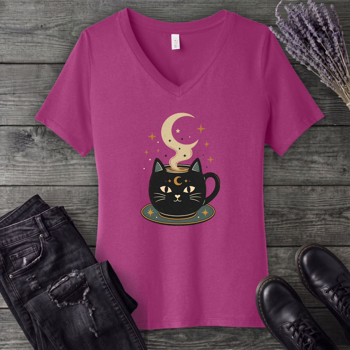 Celestial Cat Coffee V-Neck T-Shirt