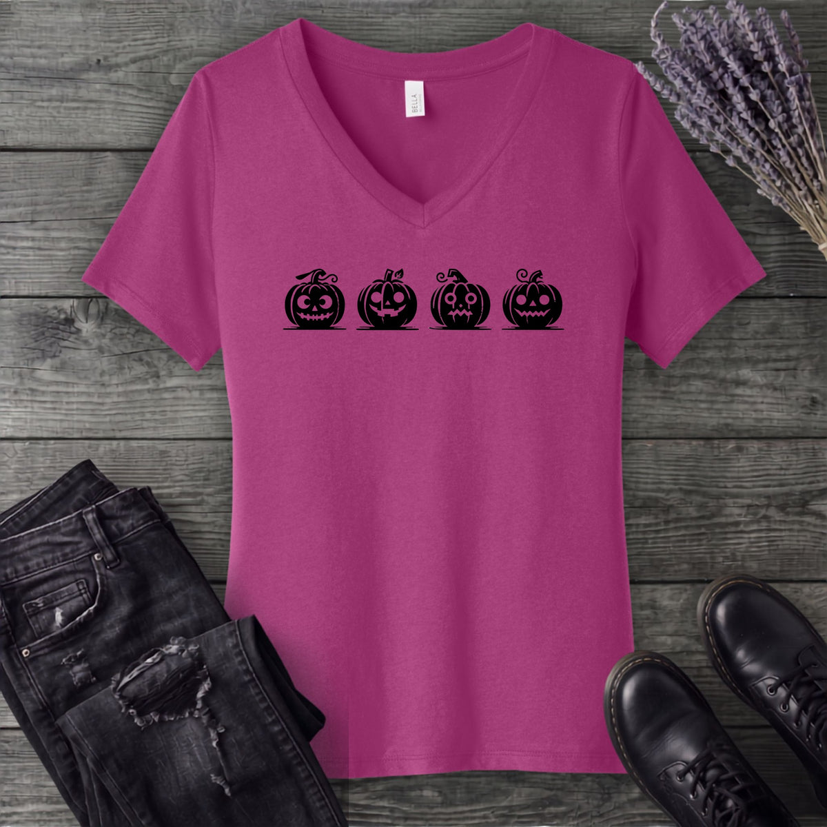 Four Jack-O-Lanterns V-Neck T-Shirt