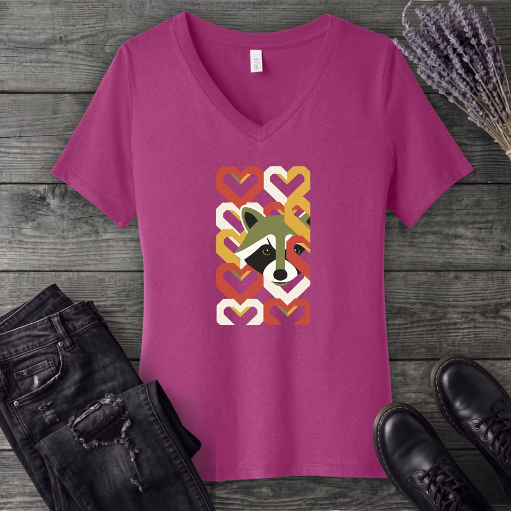 Geometric Hearts Raccoon V-Neck T-Shirt