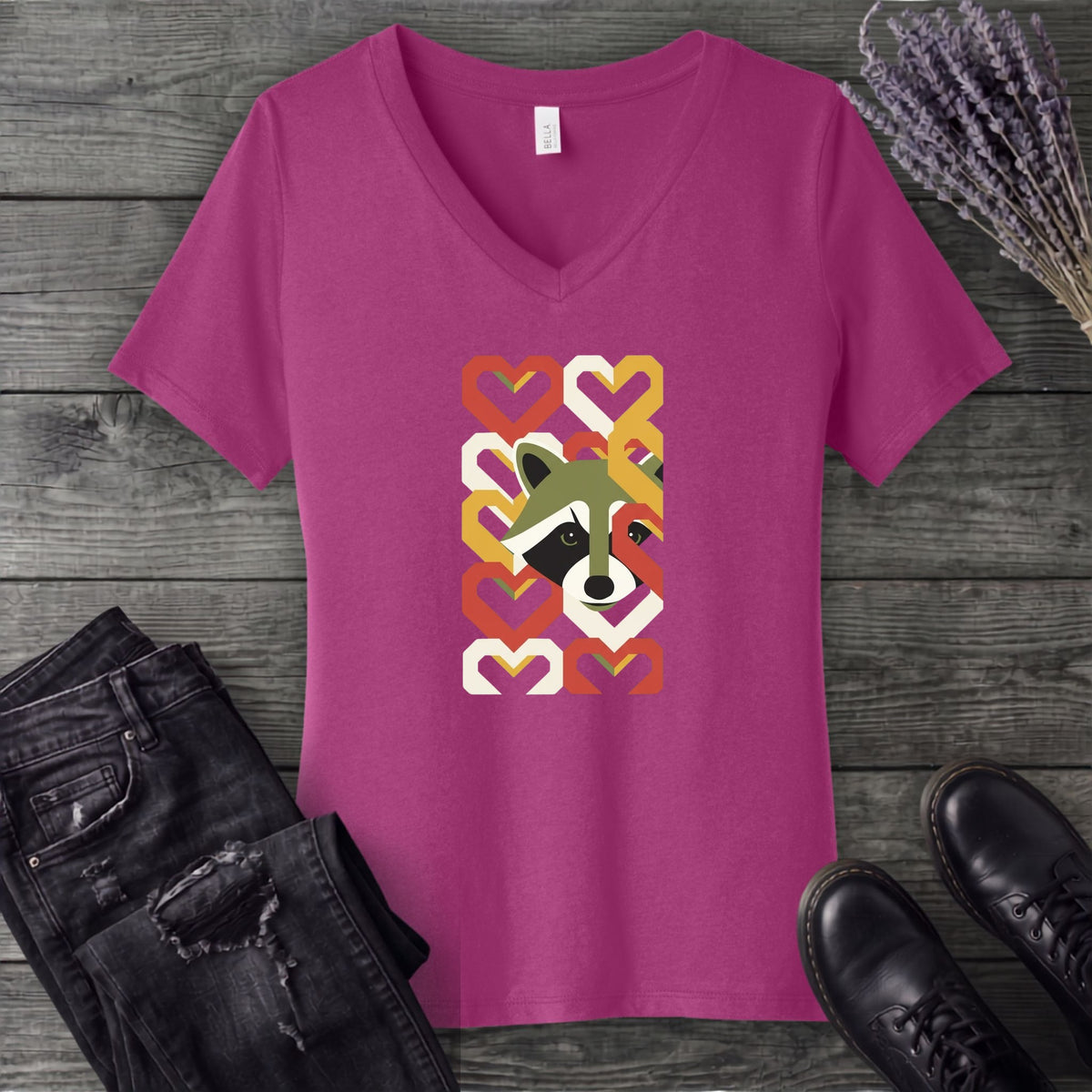 Geometric Hearts Raccoon V-Neck T-Shirt