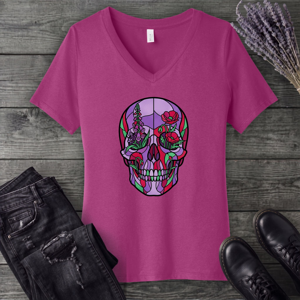 botanical stained glass skull V-Neck T-Shirt