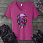 botanical stained glass skull V-Neck T-Shirt