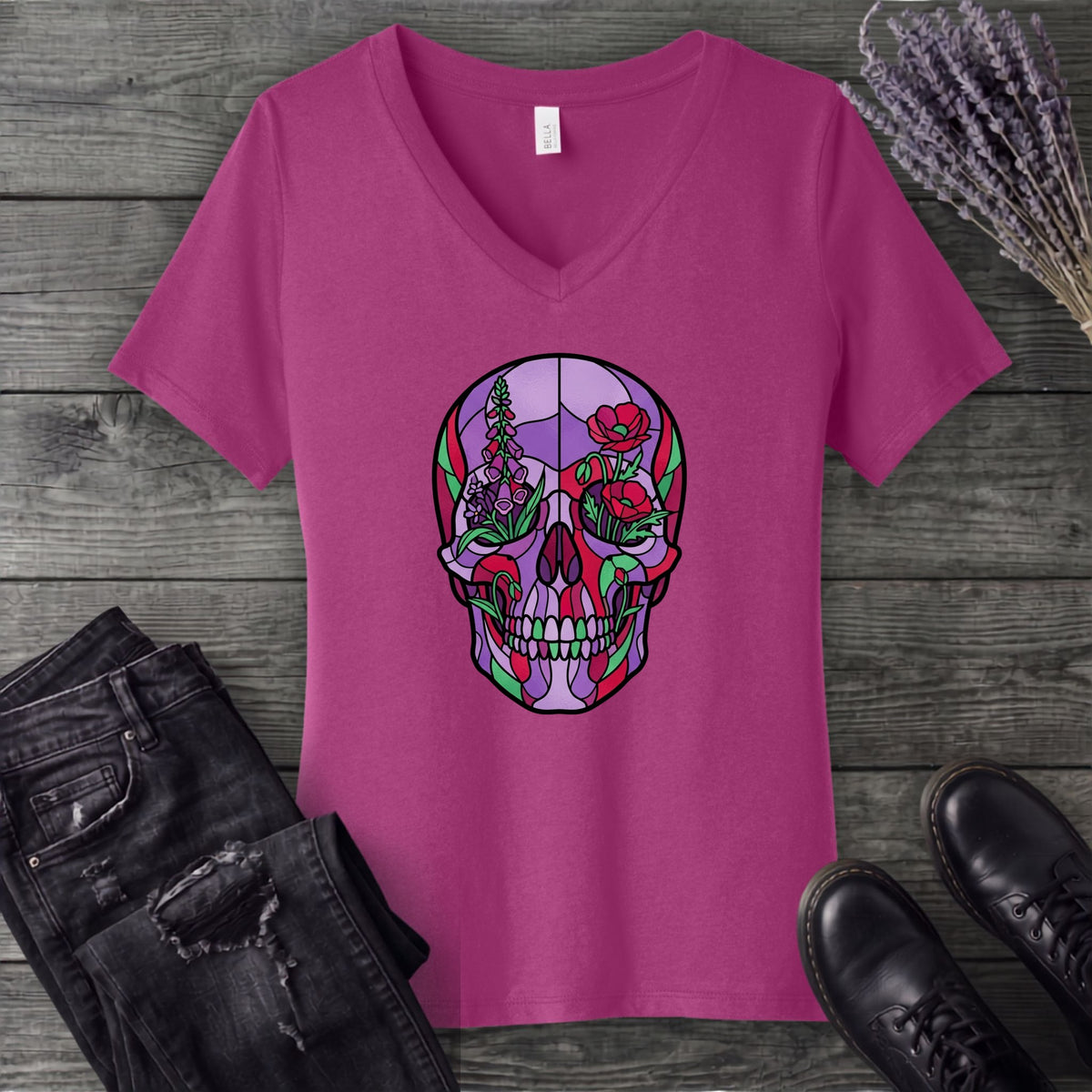 botanical stained glass skull V-Neck T-Shirt