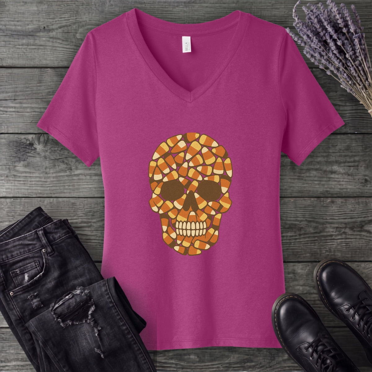 Candy Corn Skull V-Neck T-Shirt