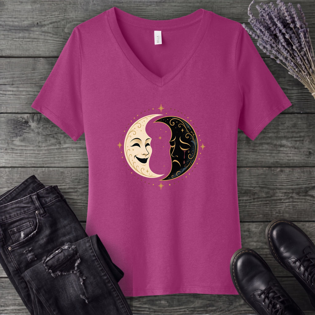 Comedy Tragedy Moons V-Neck T-Shirt