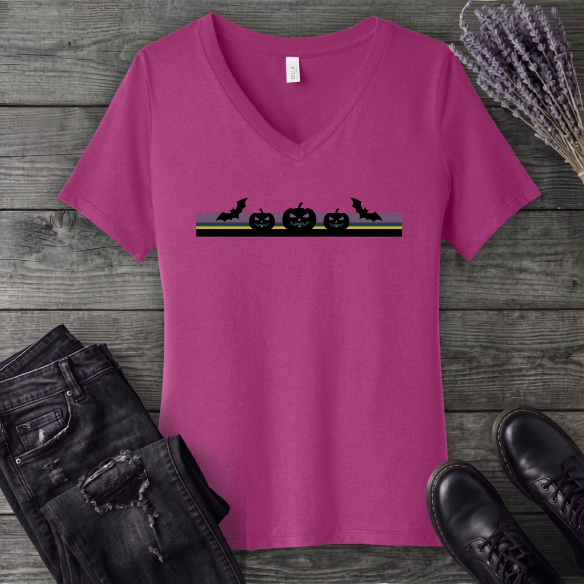 Bats Jack O Lantern Stripe V-Neck T-Shirt
