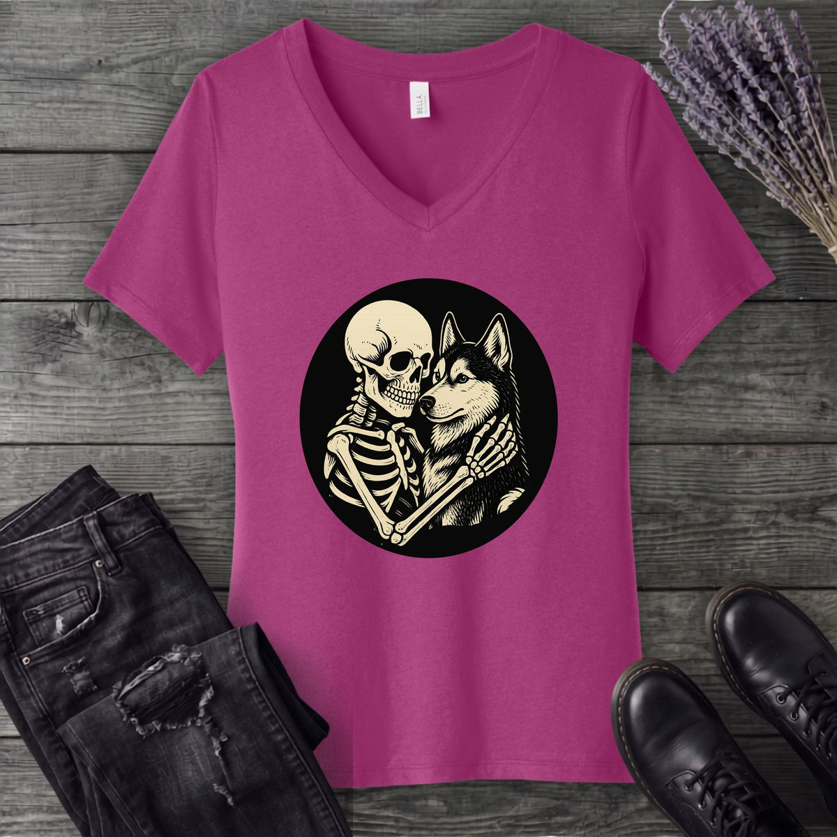 Skeleton Husky Hug V-Neck T-Shirt