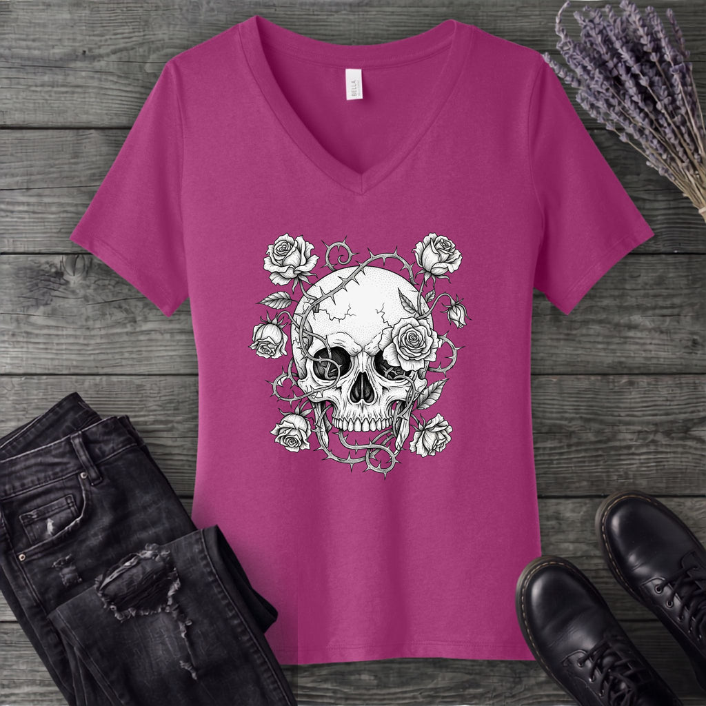 Macabre Floral Skull V-Neck T-Shirt