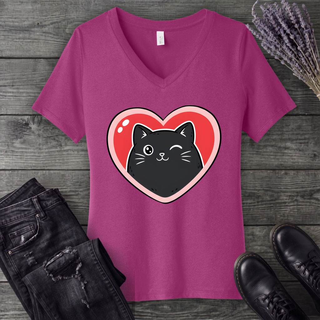 Winking Black Cat Heart V-Neck T-Shirt