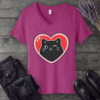 Winking Black Cat Heart V-Neck T-Shirt