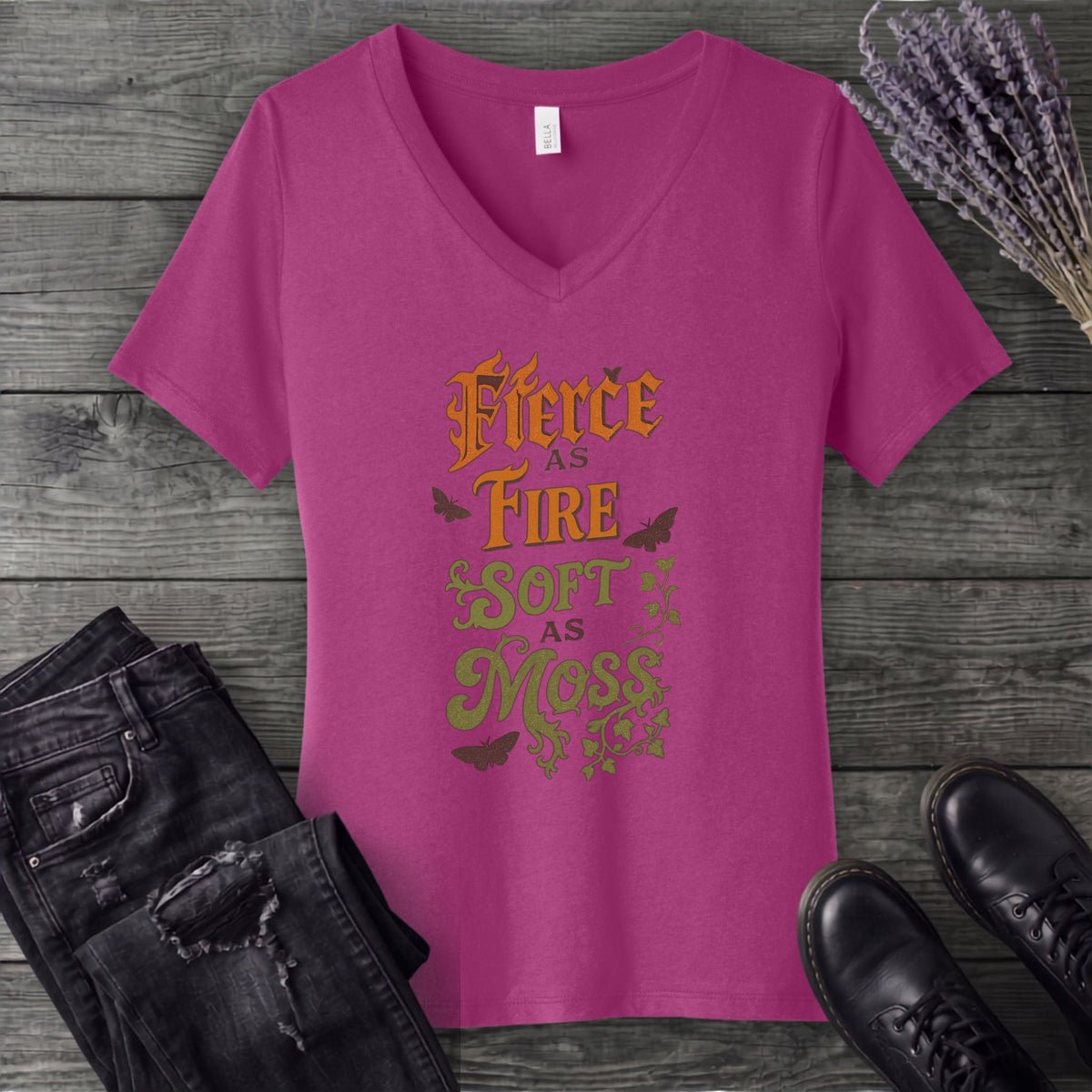 Fierce As Fire Soft As Moss V-Neck T-Shirt