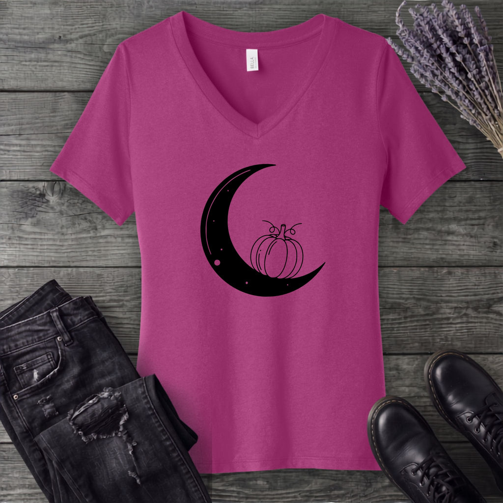 Moon And Pumpkin V-Neck T-Shirt