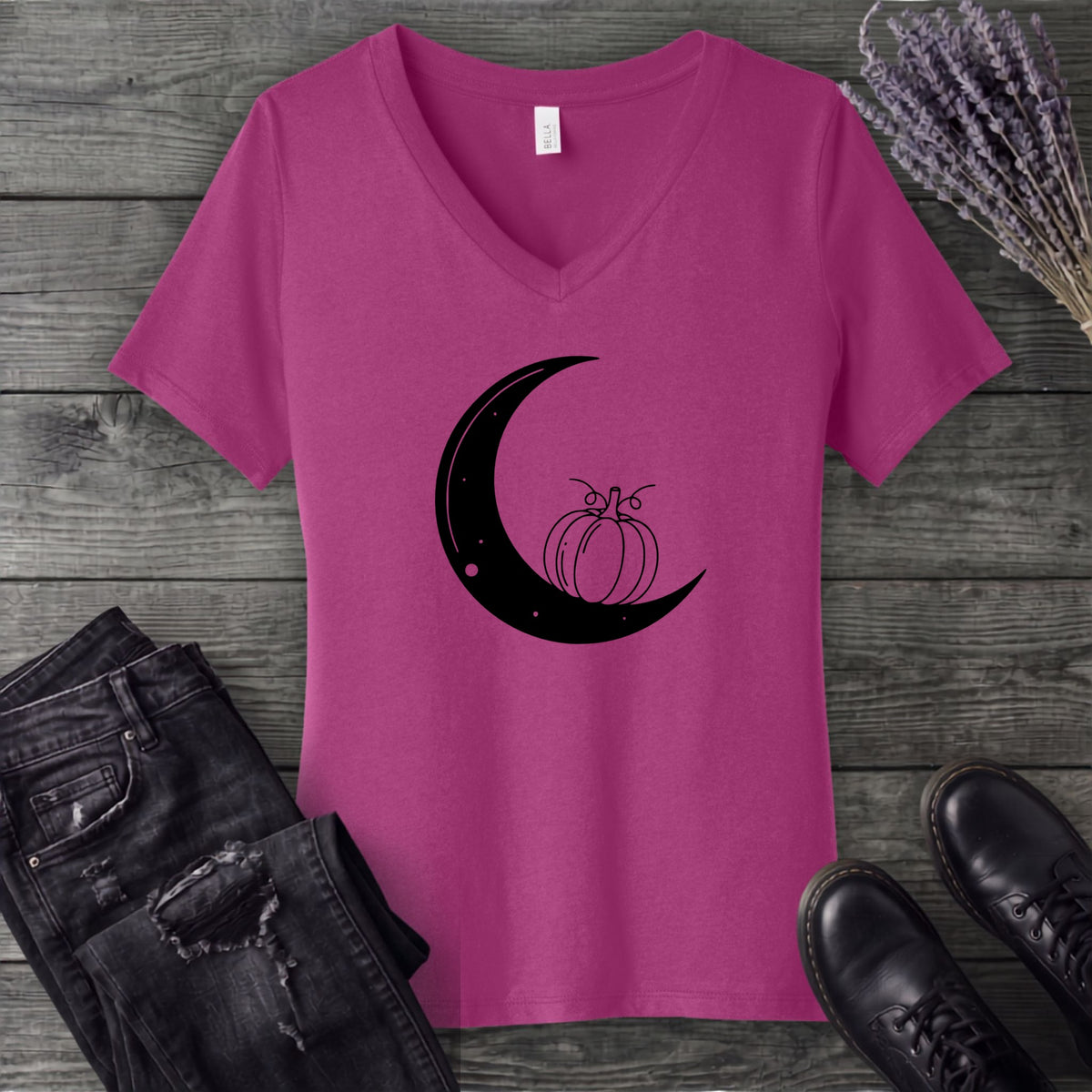Moon And Pumpkin V-Neck T-Shirt