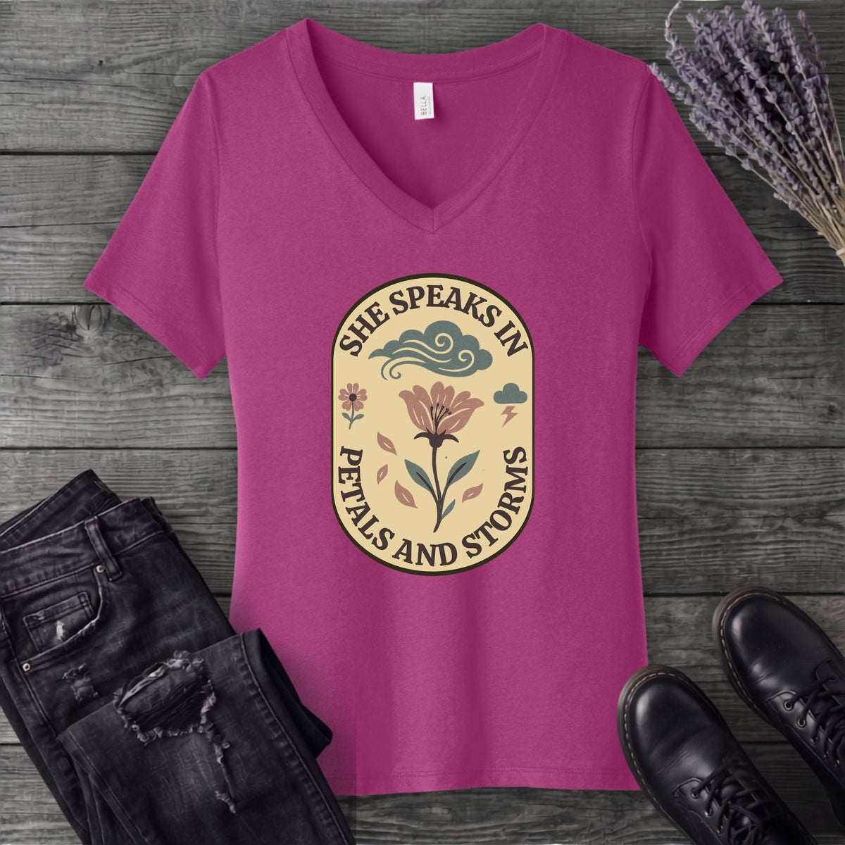 She Speaks In Petals And Storms V-Neck T-Shirt