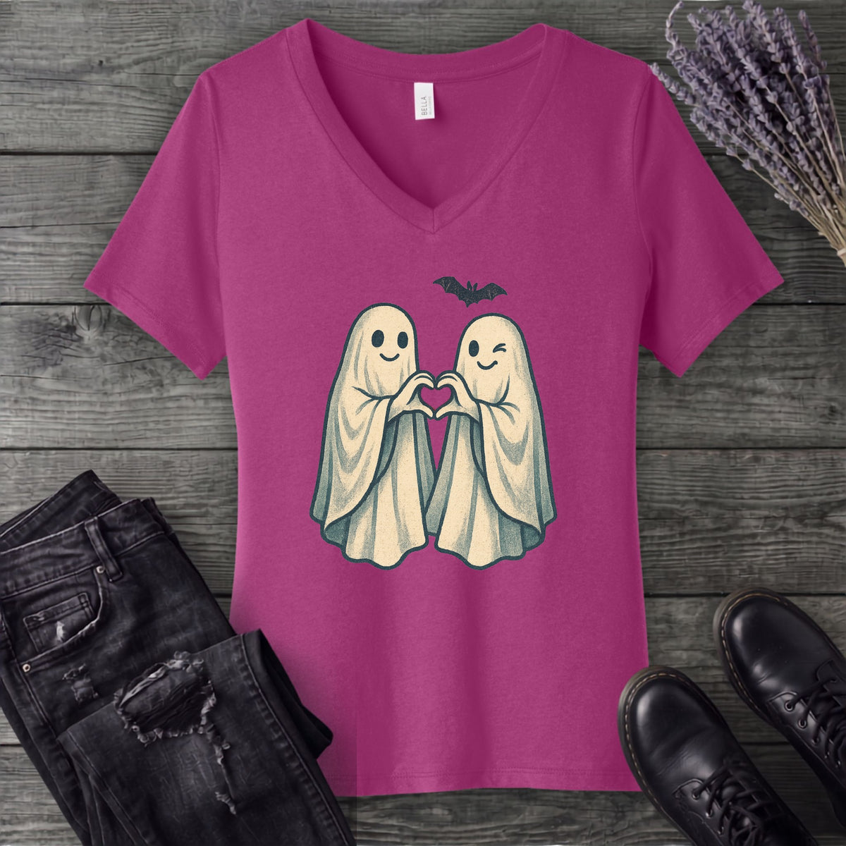 Two Ghosts Heart Hands V-Neck T-Shirt