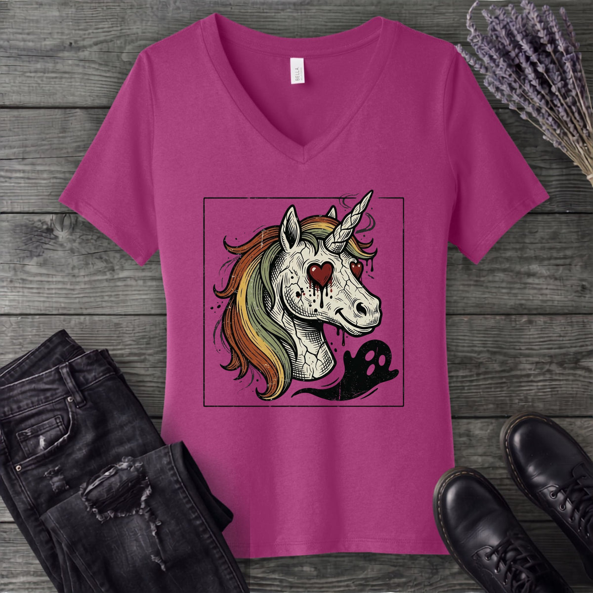 grunge zombie unicorn V-Neck T-Shirt