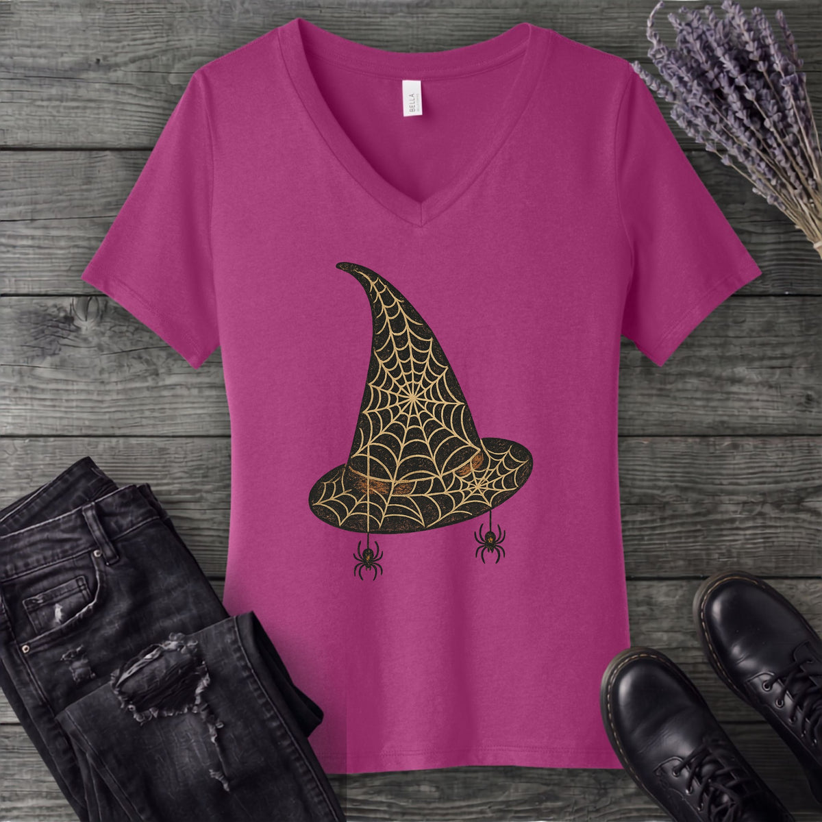 Spiderweb Witch Hat V-Neck T-Shirt