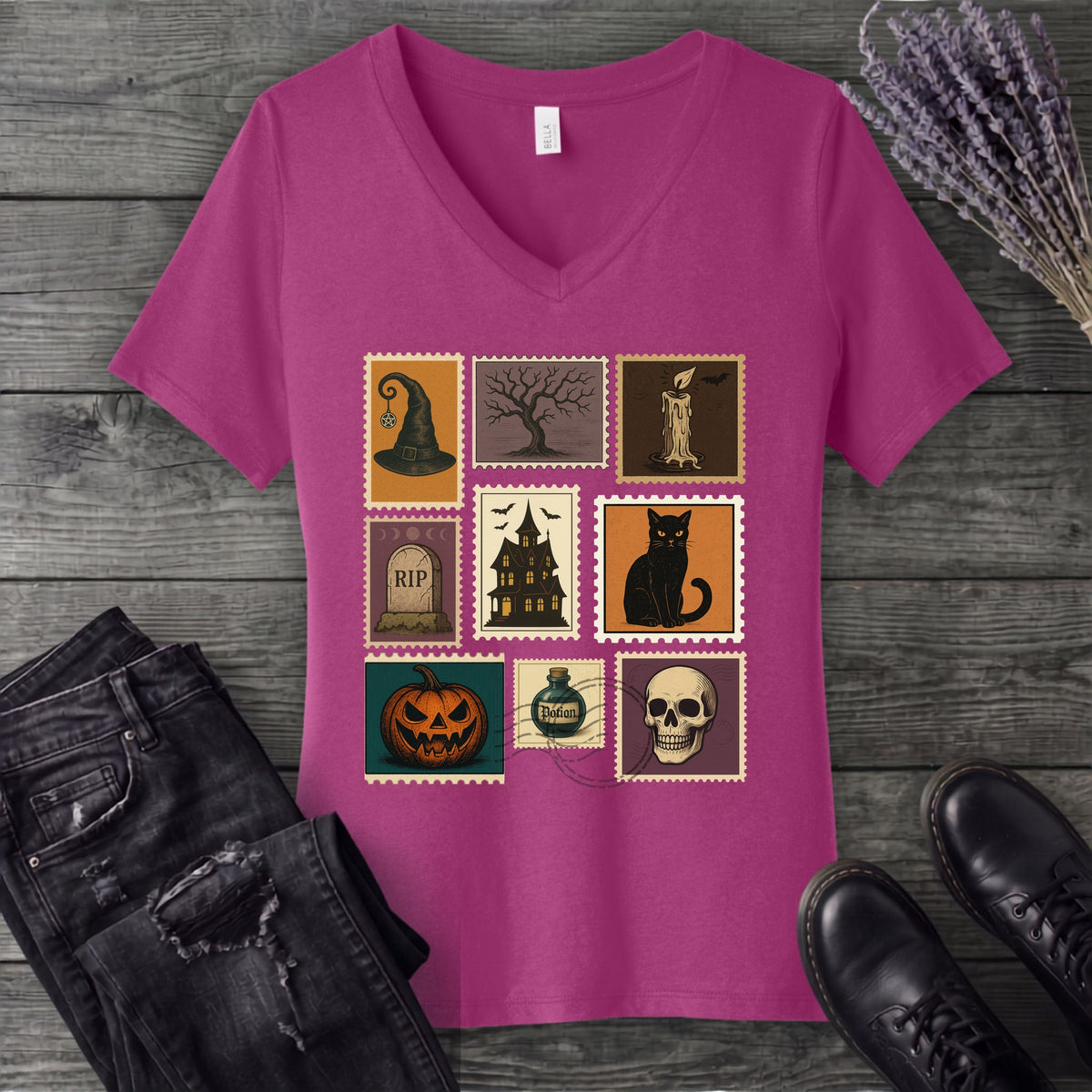 Halloween Stamps Collage V-Neck T-Shirt